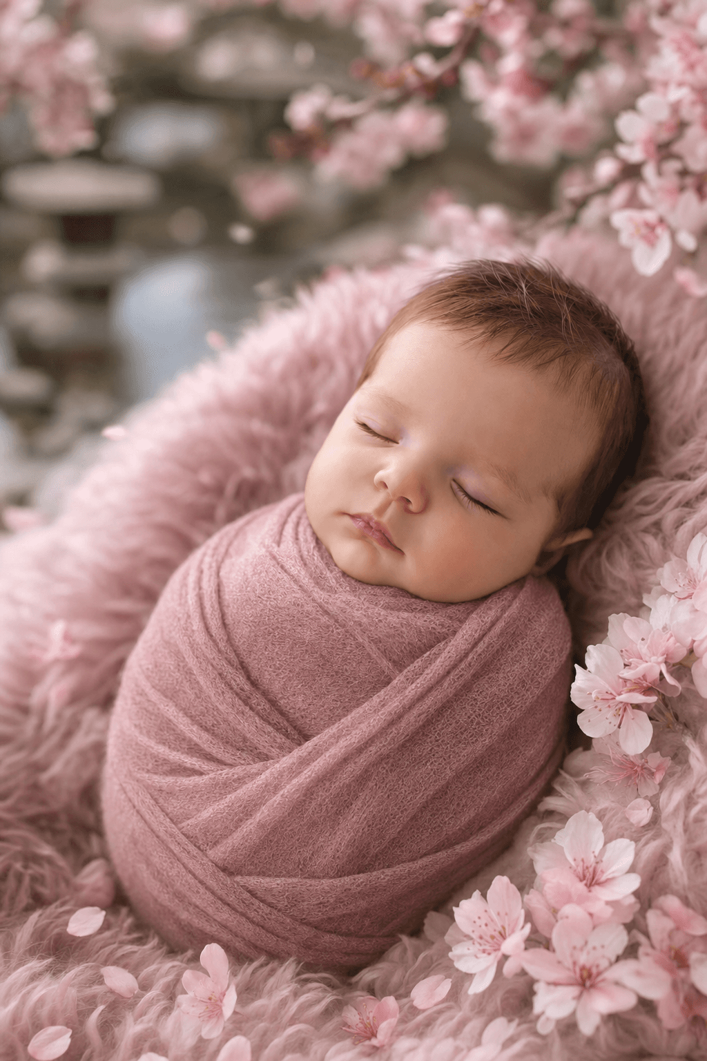Baby photo transformed into a soft cherry blossom newborn portrait