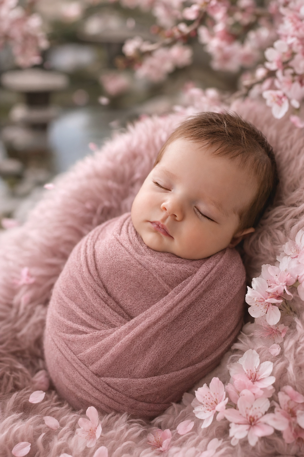Baby photo transformed into a soft cherry blossom newborn portrait